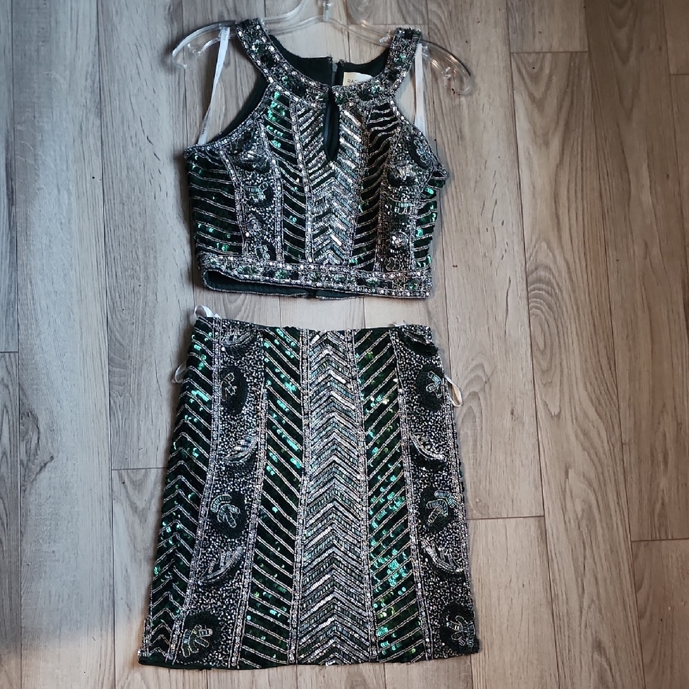Rachel Allan Emerald and Silver Sequin/Beaded Dress Size 4